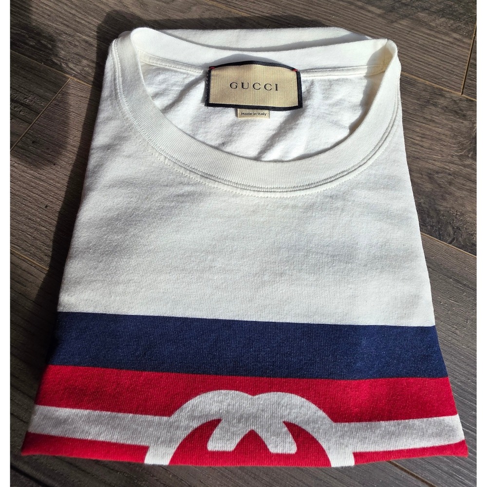 Gucci Off White Red Blue Stripe Logo T Shirt Men's sz L Made in Italy Luxury - Picture 12 of 13